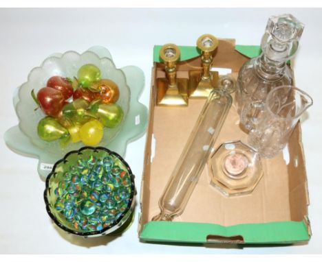 C19th decanter, H27cm, vintage glass marbles, Murano glass fruit ornaments with gold flecks, hand blown glass rolling pin, c1