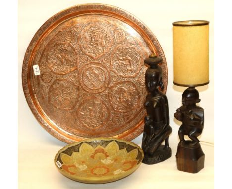 Two mid-late C20th carved wood African figural lamp bases, including one with original shade, max. H38cm, large Indo-Persian 