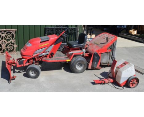 Countax C600H Hydrostatic ride on mower with front shovel, grass and leaf collector with roller and an add on lawn groomer, a