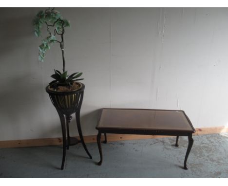 Regency style tripod jardiniere with brass insert, H85cm and a reproduction coffee table with inset gilt tooled top, on cabri