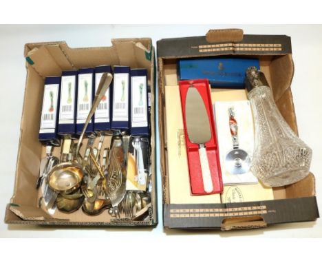 W.M.F. EPNS Rat tail ladle, set of six Franz Porcelain Collection box spoons, C20th claret decanter with plated rim and scrol