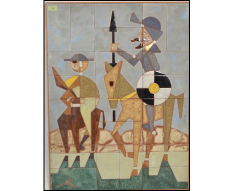 A vintage retro 20th Century tiled wall art panel depicting Don Quixote and Sanchez riding on donkeys, signed R to the corner