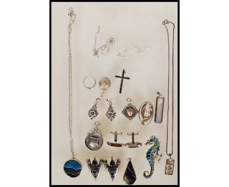 A selection of silver jewellery, mostly bearing hallmarks or 925, to include earrings, cufflinks, necklaces, a brooch in the 