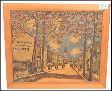 After Maurice Utrillo. A print of a French street scene dating 1925 with the bicycle shop to foreground ' Voitures Volonte Ca