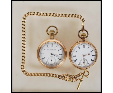 Two gold plated pocket watches, both having white enamel face with Roman numeral chapter ring, faceted hands and subsidiary s