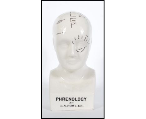 A vintage 20th century ceramic Phrenology Head / crackle glaze cream ceramic bust, marked ' Phrenology By L N Fowler. Notatio