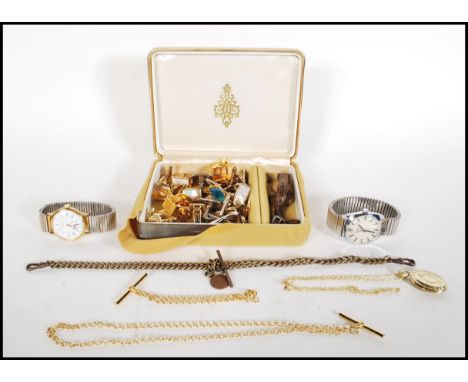 A collection of vintage costume jewellery to include a selection of gold tone cufflinks, a a Sekonda 17 jewels stainless stee