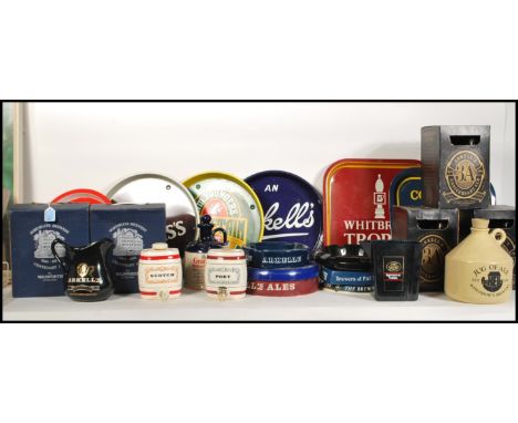 A collection of 20th Century breweriana advertising items to include trays advertising M&amp;B, Bass, Golden Harp etc, ashtra