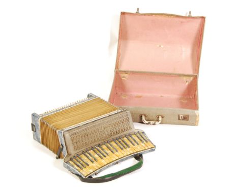 An early 20th century vintage c1920’s Art Deco Italian made Santianelli piano accordion musical instrument with gold and blue