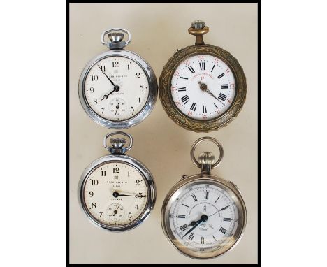 A group of four pocket watches, two chrome cased being made by Ingersoll Ltd London Triumph having Arabic numerals and subsid