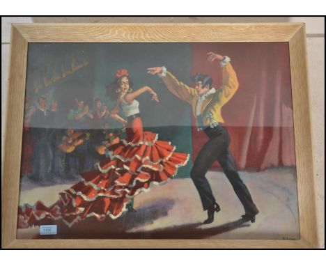 A mid century retro / vintage print of a Spanish Flamenco dancer and her partner. Set within the original frame and glazed. M
