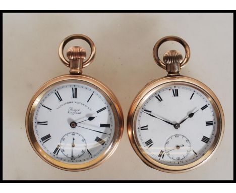Two gold plated pocket watches, both having&nbsp;white enamel face with Roman numeral chapter ring, faceted hands and subsidi