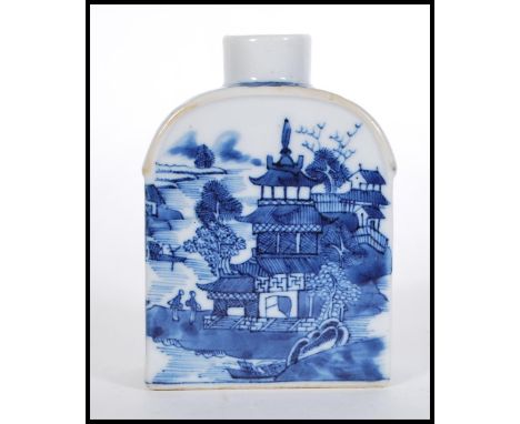 A 19th Century Chinese export blue and white hand painted tea caddy flask of rectangular form with domed shoulders, the sides