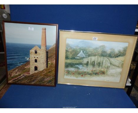 A framed Print of a stone three arched bridge over a river, Mike Knight  48cm x 62cm, along with a framed Photograph of Wheal