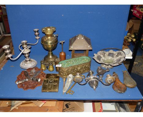 A quantity of mixed metal including brass oil lamp, flower trough and large key, Epns candelabra, etc.