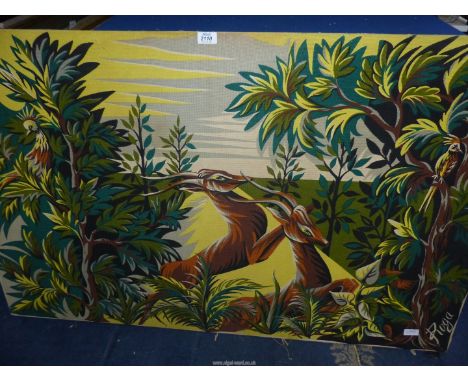 A mid century Roga "Antelopes in Savannah" Print on tapestry type canvas, 51" x 32".