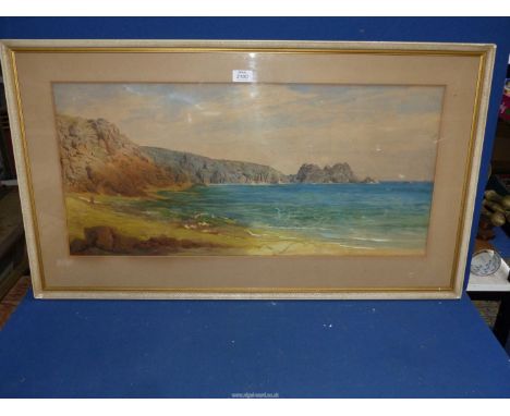 A large framed and mounted Watercolour of a coastal scene with a lone figure looking out to sea, no visible signature, 37 1/4