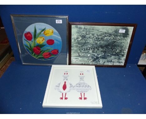 A framed photograph of 'South Wales Valleys', framed Tulip tapestry and Bertie & Jack 'Perfect together'.