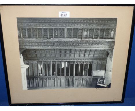 A William Tribe "Usk 1953" Photograph of an interior carved wood panelling.