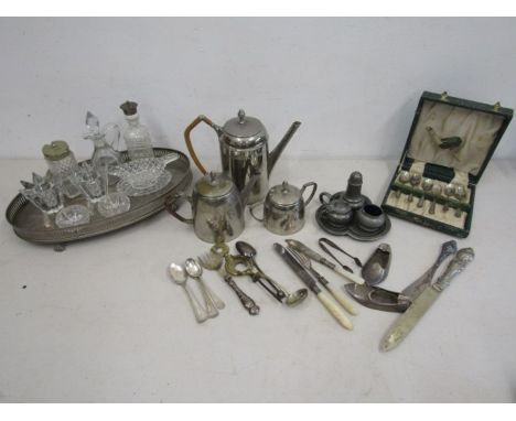 Metal wares- tea set, tray, boxed cutlery and loose flat wares along with some glass tea light holders etc