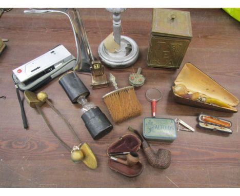Collectors lot inc pipes, cheroot holders, brass tea caddy, jewellery stand, penknife etc