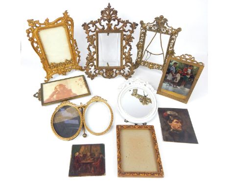 A collection of photograph frames, mainly gilt metal examples of Neo-Rococo form, together with a miniature unframed watercol