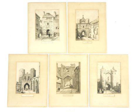 Five 19th century monochromatic prints of the gates of Coventry: Mill lane gate; Spon gate; Cook Street gate; Grey Friars gat