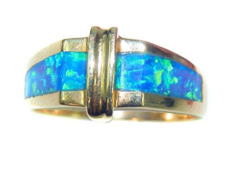 A 14 ct yellow gold Art Deco style, Peruvian blue opal dress ring. (matrix cut opal) Weight 4.0 g