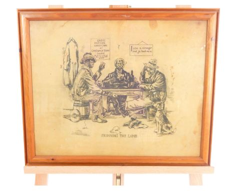 A print on lamb skin, cartoon titled 'Skinning the Lamb', depicting two black men fleecing another at cards, 39 x 49cm