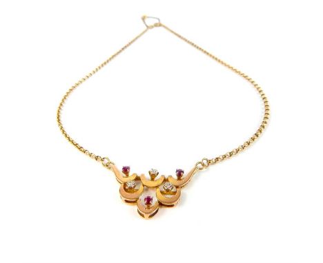 A 9 ct yellow gold hallmarked diamond and ruby necklace, Length 20 cm drop approx, Weight 6.2grs