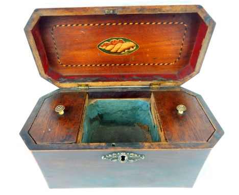 A Regency inlaid mahogany octagonal tea caddy, hinged lid opens to reveal three divisions, brass escutcheon, raised on four b