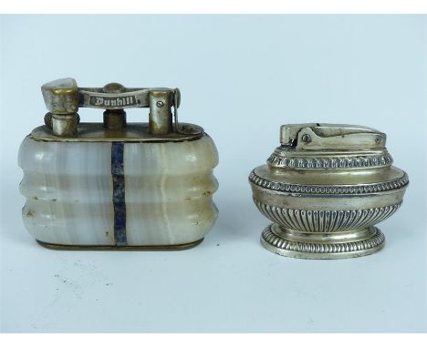 A vintage Dunhill onyx with lapis striped table lighter together with a Ronson "Queen Anne" lighter. 