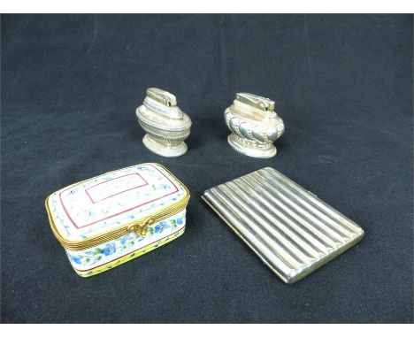 Two vintage Ronson "Queen Anne" and "Crown" cigarette lighters and a white metal cigarette case together with a ceramic trink