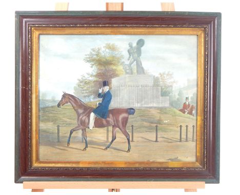A Victorian hand tinted print depicting a gentleman on horseback saluting while passing the Duke Of Wellington Memorial in Lo