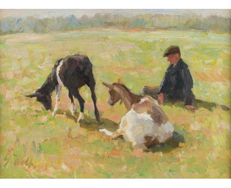   GEORG WOLF  1882 Niederhausbergen - 1962 Uelzen    Ziegen und Hirte     Öl auf Leinwand. 44 x 58 cm (R. 48 x 63 cm). Signie
