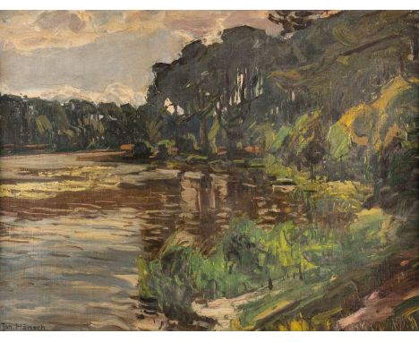   JOHANNES HÄNSCH  1875 Berlin - 1945 ebenda    Am Seeufer     Öl auf Leinwand (maroufl.). 60 x 79 cm (R. 75 x 95 cm). Signie