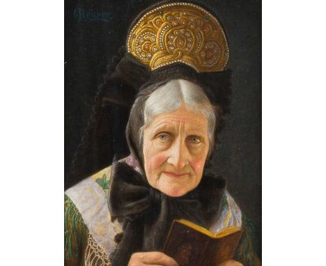   CARL HEUSER  1827 - 1892    Gemäldepaar: Dame in Sonntagstracht (1), Der Pfeiferaucher (2)     Jew. Öl auf Platte. Jew. 20 