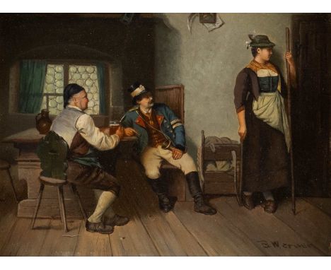   BERND WERNER  Anfang 20. Jh.    In Verlegenheit     Öl auf Holz. 15,5 x 21 cm (R. 33 x 39 cm). Signiert unten rechts 'B. We