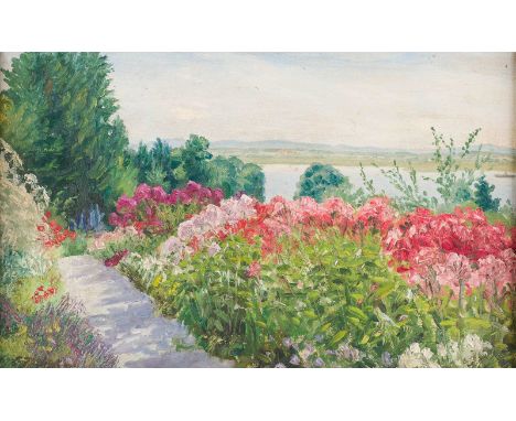   DEUTSCH/SKANDINAVISCH  1. H. 20. Jh.    Blühender Garten     Öl auf Leinwand. 28,5 x 44,5 cm (R. 33 x 50 cm). Schwer leserl