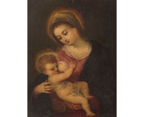   FLÄMISCHER MEISTER  Tätig, wahrscheinlich spätes 16. Jh.    MADONNA MIT DEM KIND     Öl auf Eichenholztafel. 40 x 30 cm (R.