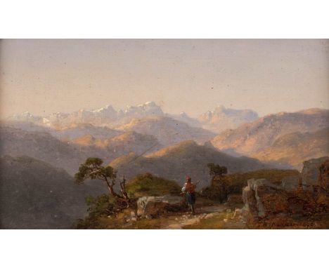   CARL ROBERT KUMMER  1810 Dresden - 1889 ebenda    Wanderer in den Gipfeln     Öl auf Holz. 20,5 x 35 cm (R. 25 x 40 cm). Si