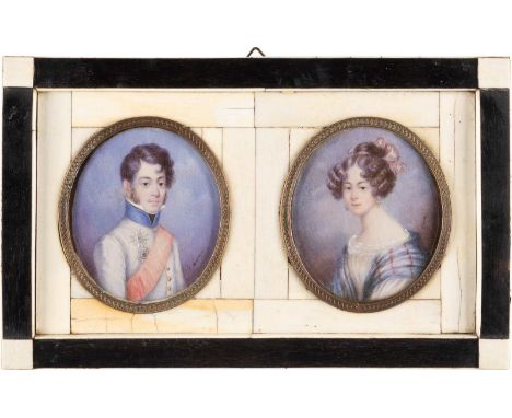   BILDNISMINIATUREN EINES PAARES     Deutsch, 19. Jh.     Gouache auf Elfenbein. 7 x 6 cm (R. 12 x 20 cm). Jew. seitlich rech
