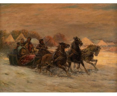   GUSTAV PRUCHA  Wien 1875 - 1952    Schlittenfahrt am Abend     Öl auf Leinwand. 61 x 81 cm (R. 80,5 x 100 cm). Signiert unt