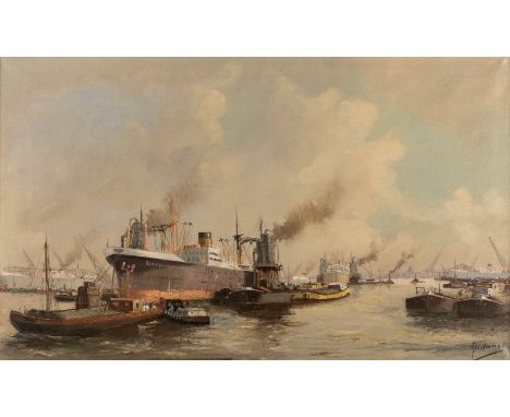  DEUTSCH / NIEDERLÄNDISCH  Mitte 20. Jh.    Im Hafen     Öl auf Leinwand. 60 x 100 cm (R. 76 x 116 cm). Schwer leserlich sig