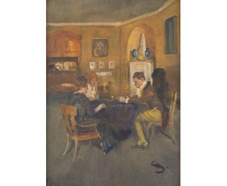  WILHELM SCHREUER  1866 Wesel - 1933 Düsseldorf    Tischgesellschaft     Öl / Gouache auf Papier auf Leinwand. 60 x 46 cm (R