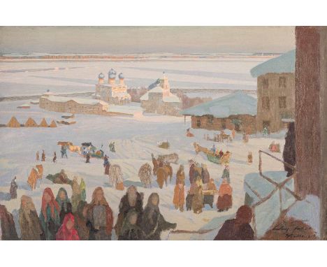   RUSSISCH/DEUTSCHER IMPRESSIONIST  Tätig, um 1914.    BUNTES TREIBEN VOR EINER RUSSISCHEN KLOSTERANLAGE     Öl auf Leinwand 