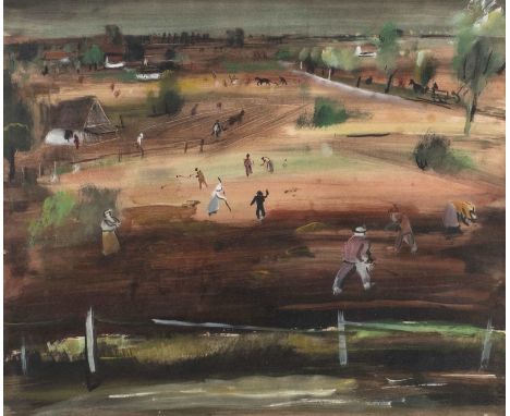   KARL EULENSTEIN  1892 Klaipeda - 1981 Berlin    Feldarbeit     Gouache und Bleistift auf Papier (?). SM 48 x 58 cm (R. 72 x