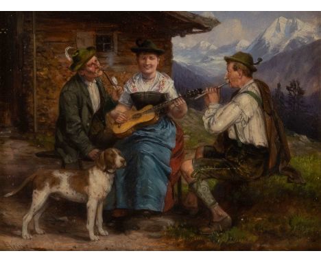   JOHANN ADALBERT HEINE  um 1850 - um 1890    Hausmusik auf der Alm     Öl auf Holz (?). SM 12 x 16 cm (R. 33 x 36,5 cm). Sig