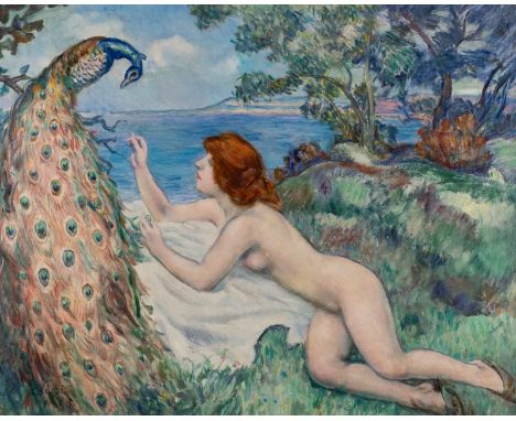   ISTVÁN CSÓK  1865 Pusztaegres - 1961 Budapest    Damenakt mit blauem Pfau in Sommerlandschaft     Öl auf Leinwand (doubl.).