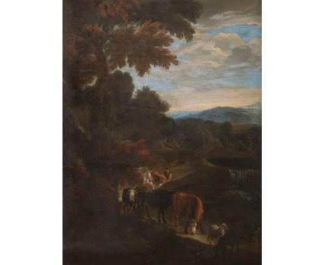   JOHANN HEINRICH ROOS (ATTR.)  1631 Otternberg - 1685 Frankfurt/Main    LANDSCHAFT MIT HIRTEN UND VIEH     Öl auf Leinwand (